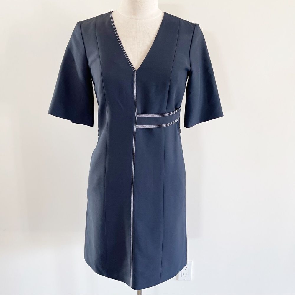 Partow Navy Shift Belted Dress V-neck Size 6